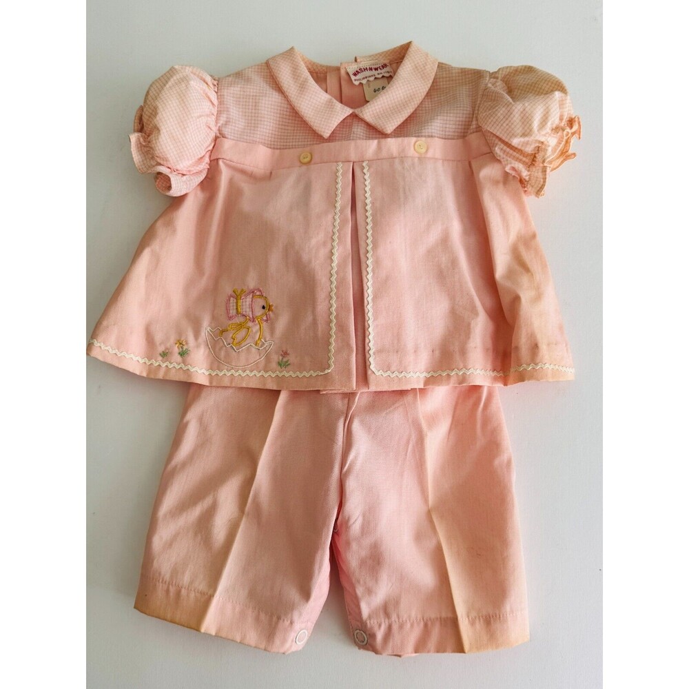 Vintage WASH & WEAR Two Piece Pink Embroidered Outfit Toddler Girl Size Medium